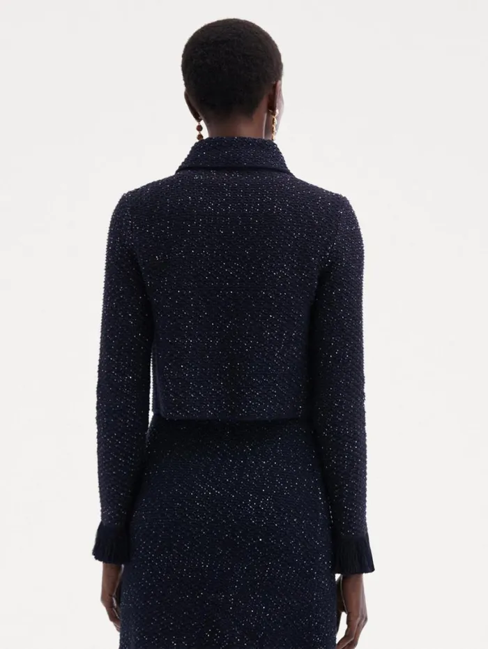 Oscar De La Renta Sequin Tweed Jacket Navy Women Jackets and Coats Oscar De La Renta Sequin Tweed Jacket Navy Women Jackets and Coats