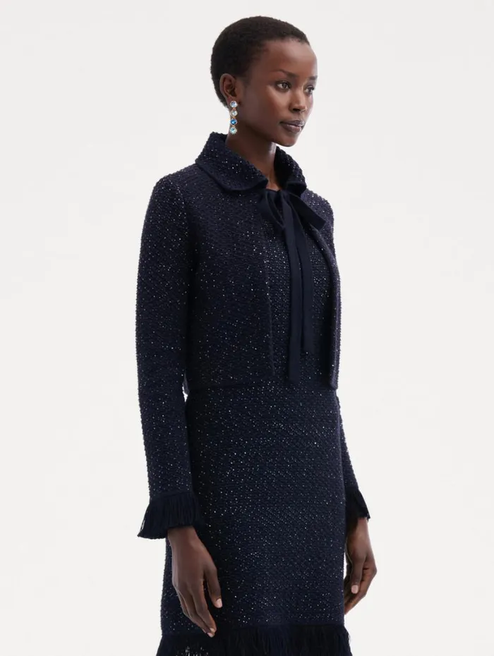 Oscar De La Renta Sequin Tweed Jacket Navy Women Jackets and Coats Oscar De La Renta Sequin Tweed Jacket Navy Women Jackets and Coats