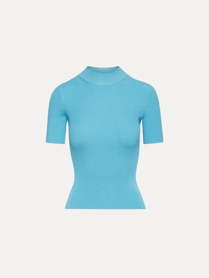 Oscar De La Renta Short Sleeve Mock Neck Ribbed Pullover Pastel Blue Women Blouses and Knits