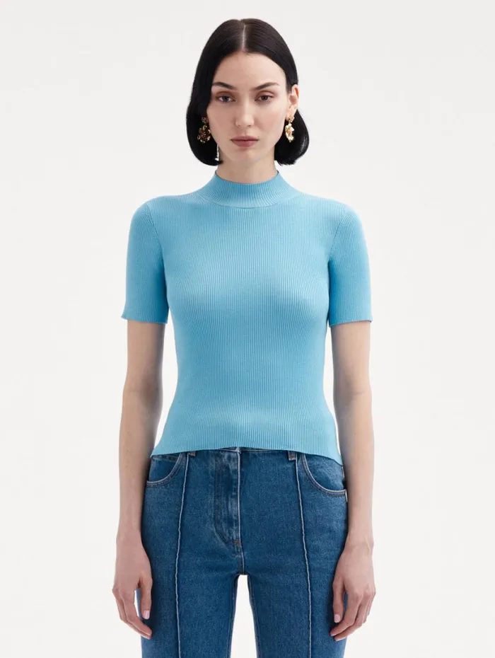 Oscar De La Renta Short Sleeve Mock Neck Ribbed Pullover Pastel Blue Women Blouses and Knits