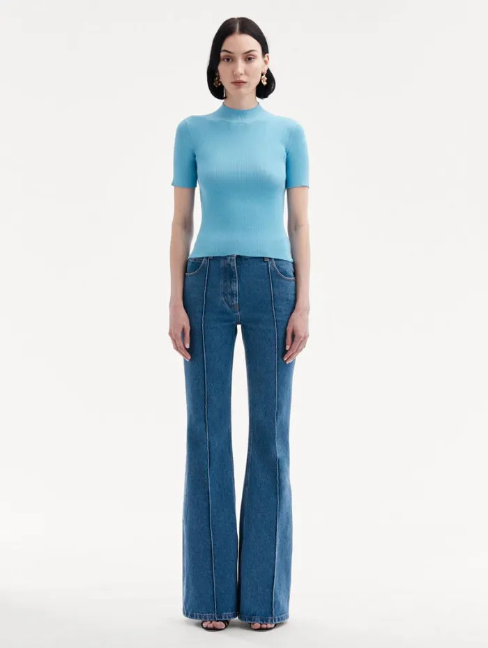 Oscar De La Renta Short Sleeve Mock Neck Ribbed Pullover Pastel Blue Women Blouses and Knits