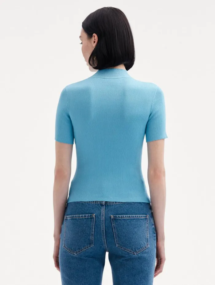 Oscar De La Renta Short Sleeve Mock Neck Ribbed Pullover Pastel Blue Women Blouses and Knits