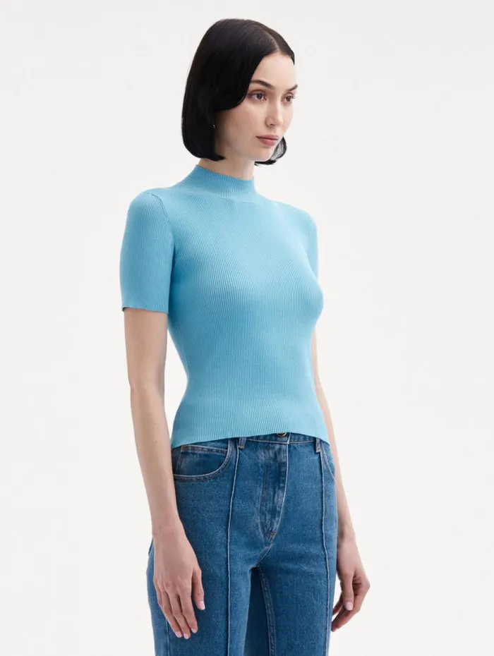 Oscar De La Renta Short Sleeve Mock Neck Ribbed Pullover Pastel Blue Women Blouses and Knits
