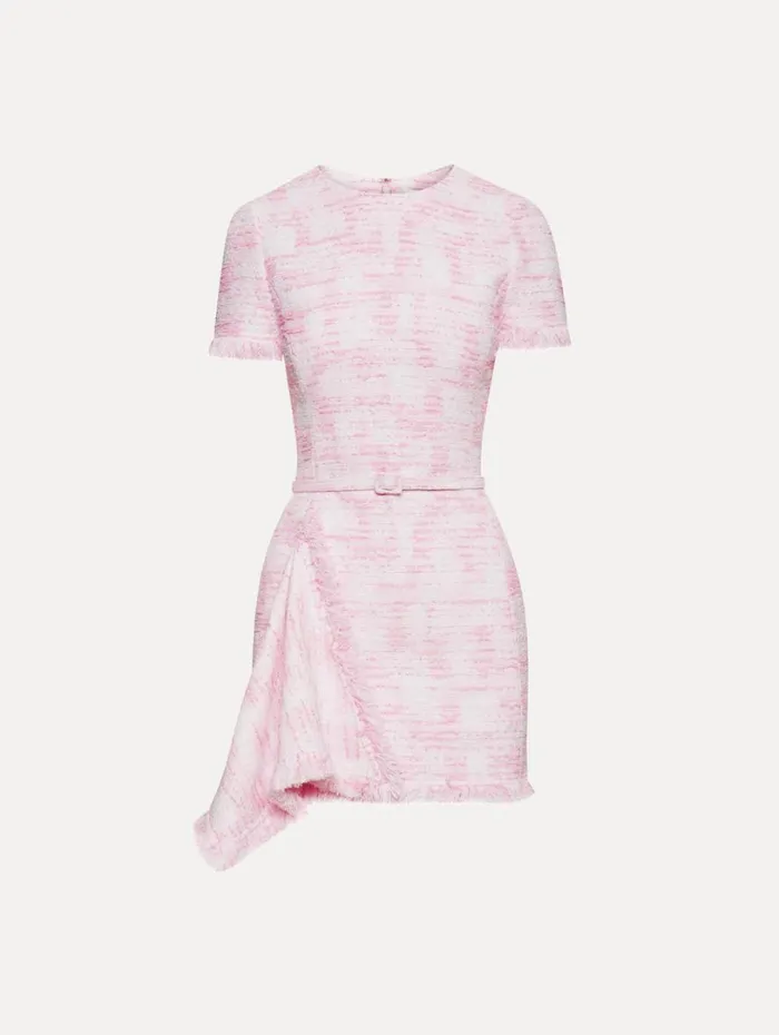 Oscar De La Renta Textured Tweed Draped Dress White Pink Women Dresses