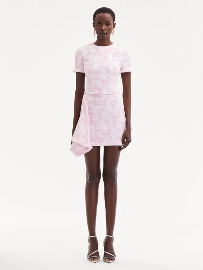 Oscar De La Renta Textured Tweed Draped Dress White Pink Women Dresses Oscar De La Renta Textured Tweed Draped Dress White Pink Women Dresses