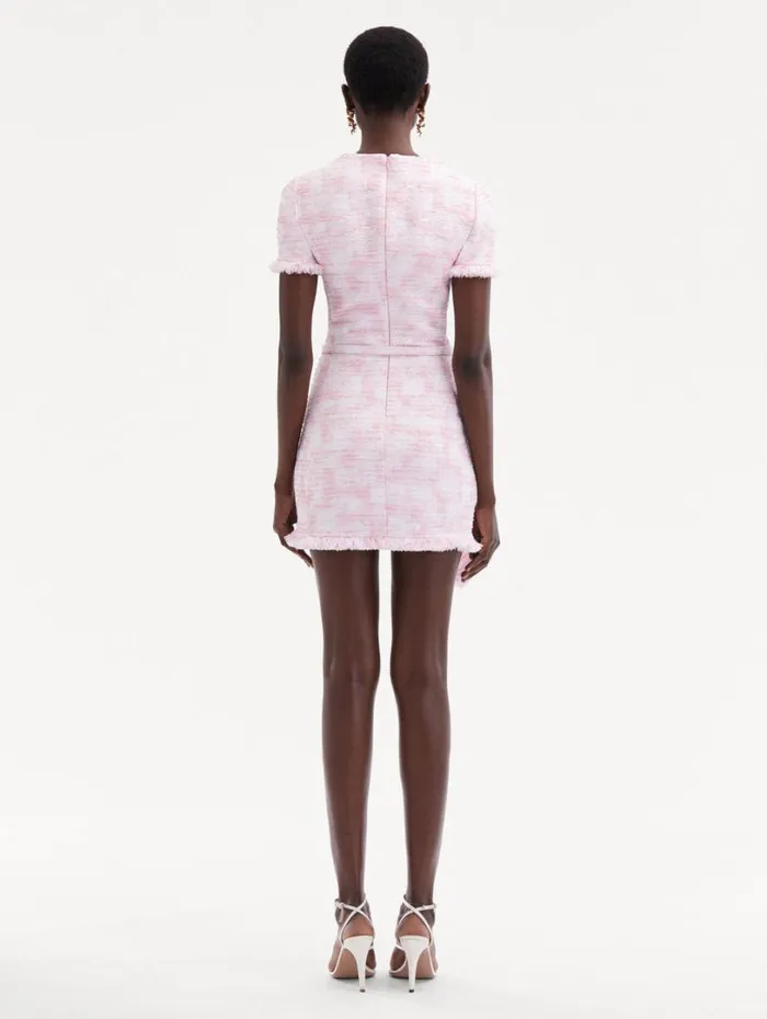 Oscar De La Renta Textured Tweed Draped Dress White Pink Women Dresses Oscar De La Renta Textured Tweed Draped Dress White Pink Women Dresses