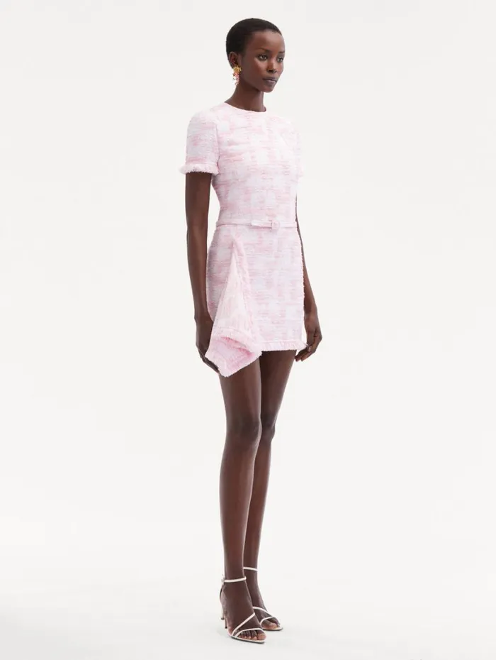 Oscar De La Renta Textured Tweed Draped Dress White Pink Women Dresses Oscar De La Renta Textured Tweed Draped Dress White Pink Women Dresses