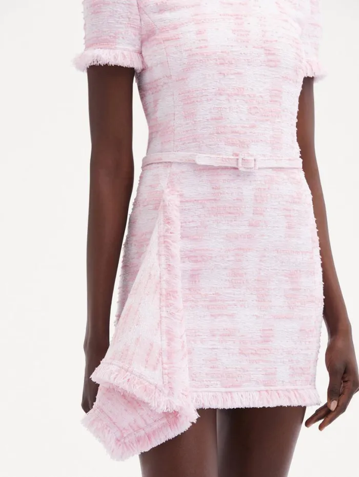 Oscar De La Renta Textured Tweed Draped Dress White Pink Women Dresses Oscar De La Renta Textured Tweed Draped Dress White Pink Women Dresses