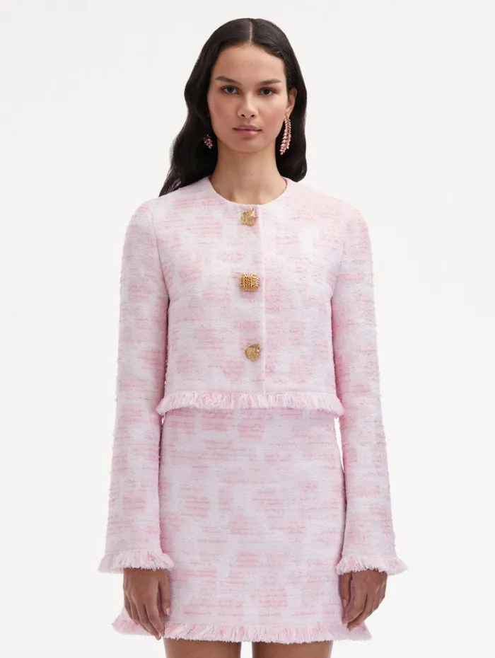 Oscar De La Renta Textured Tweed Jacket White Pink Women Jackets and Coats