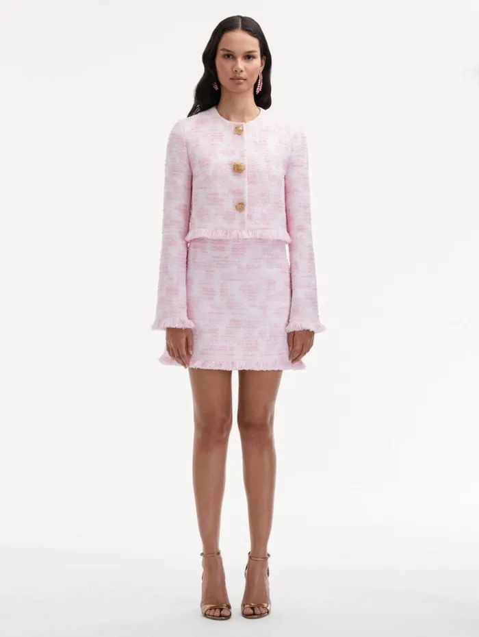 Oscar De La Renta Textured Tweed Jacket White Pink Women Jackets and Coats