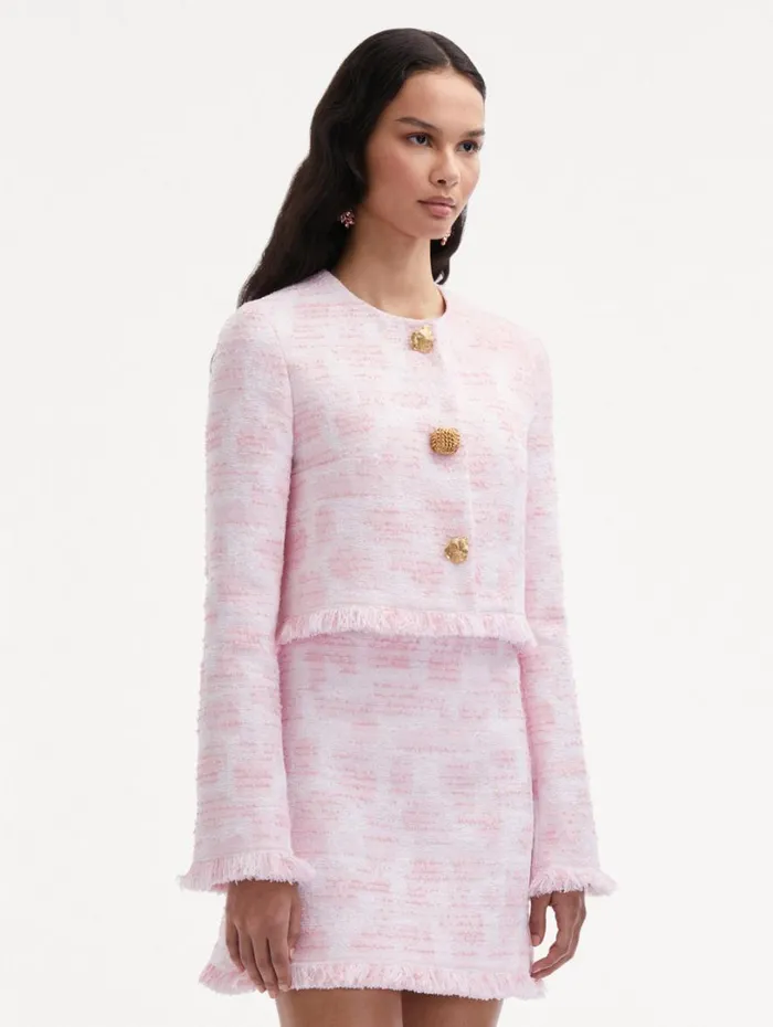 Oscar De La Renta Textured Tweed Jacket White Pink Women Jackets and Coats