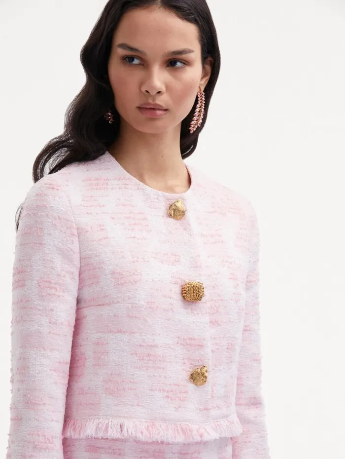 Oscar De La Renta Textured Tweed Jacket White Pink Women Jackets and Coats