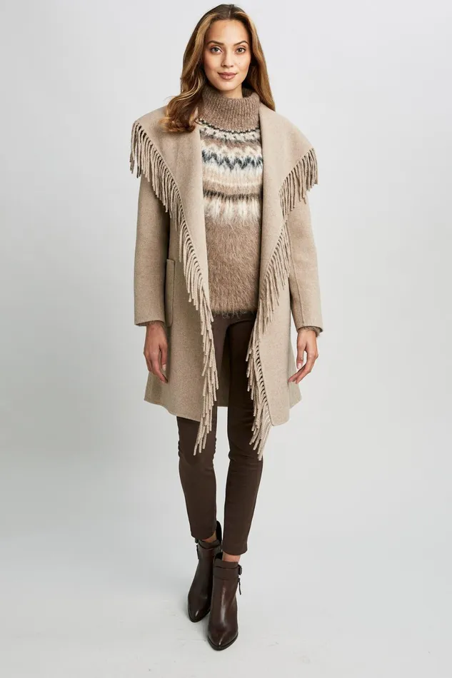 Outlet 8211 Women Coats Elie Tahari Long Sleeve Fringe Detail Wrap Coat Oats