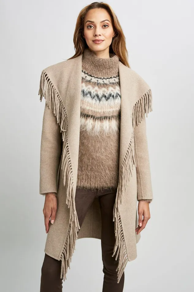 Outlet 8211 Women Coats Elie Tahari Long Sleeve Fringe Detail Wrap Coat Oats