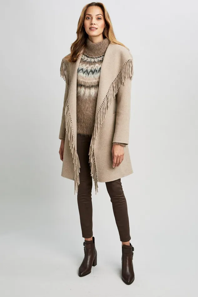 Outlet 8211 Women Coats Elie Tahari Long Sleeve Fringe Detail Wrap Coat Oats