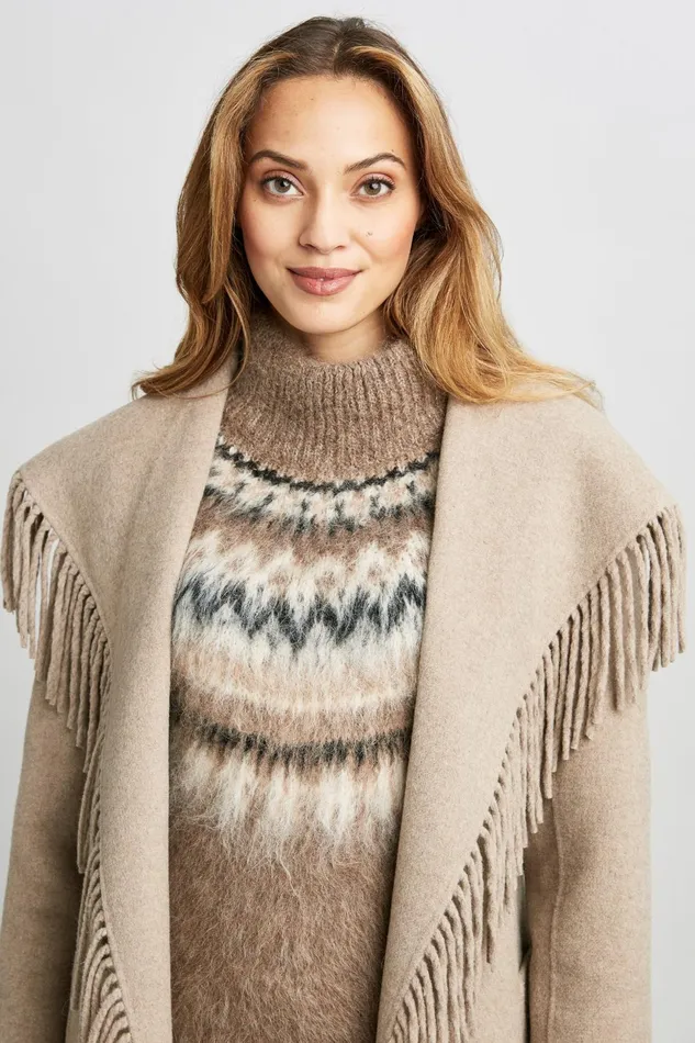 Outlet 8211 Women Coats Elie Tahari Long Sleeve Fringe Detail Wrap Coat Oats