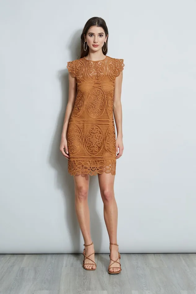 Outlet 8211 Women Dresses and Jumpsuits Elie Tahari Lace Flutter Sleeve Dress Caramel