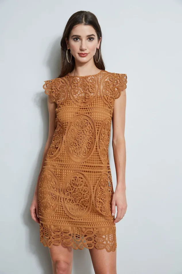 Outlet 8211 Women Dresses and Jumpsuits Elie Tahari Lace Flutter Sleeve Dress Caramel