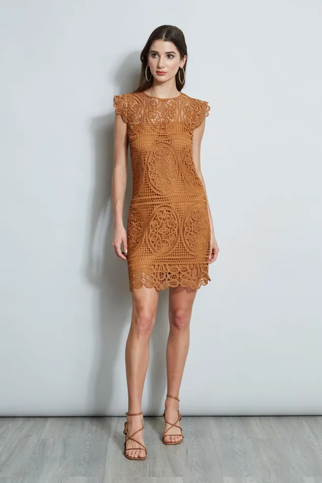 Outlet 8211 Women Dresses and Jumpsuits Elie Tahari Lace Flutter Sleeve Dress Caramel