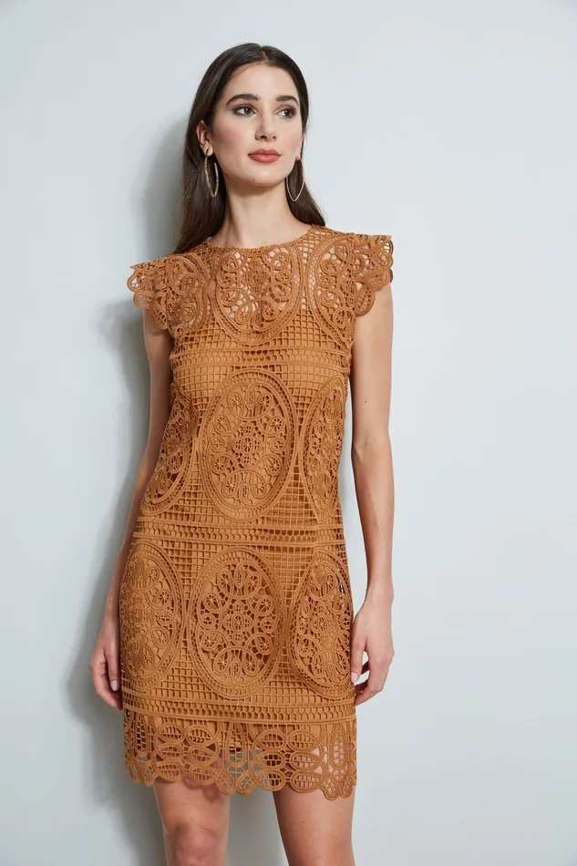 Outlet 8211 Women Dresses and Jumpsuits Elie Tahari Lace Flutter Sleeve Dress Caramel