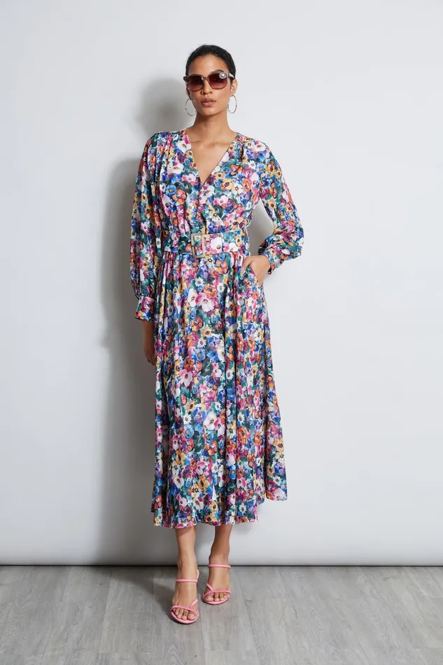 Outlet 8211 Women Dresses and Jumpsuits Elie Tahari Long Sleeve Floral Belted Dress Camellia Floral