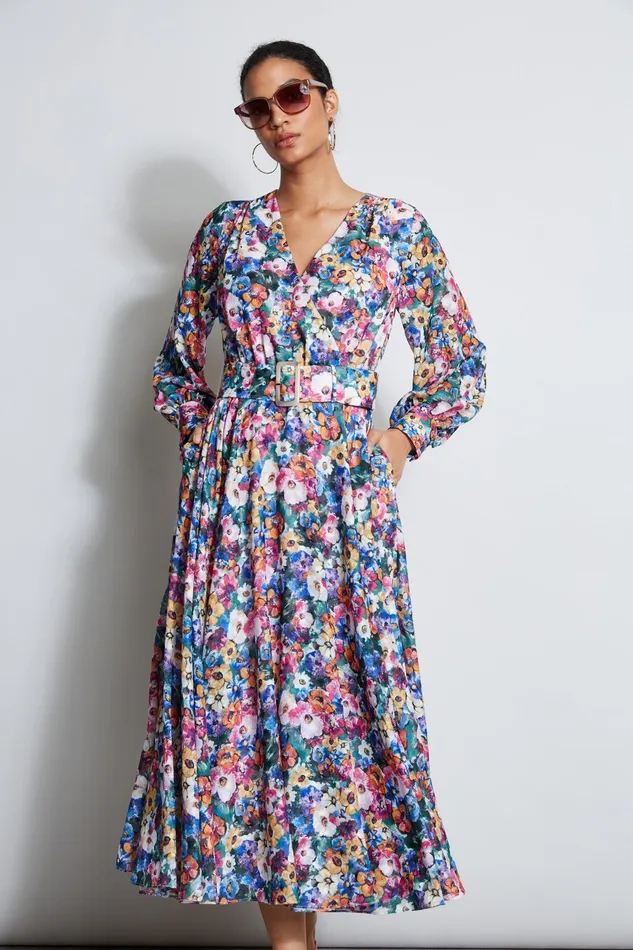 Outlet 8211 Women Dresses and Jumpsuits Elie Tahari Long Sleeve Floral Belted Dress Camellia Floral