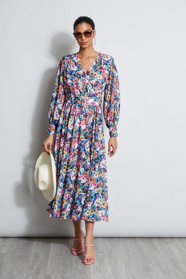 Outlet 8211 Women Dresses and Jumpsuits Elie Tahari Long Sleeve Floral Belted Dress Camellia Floral