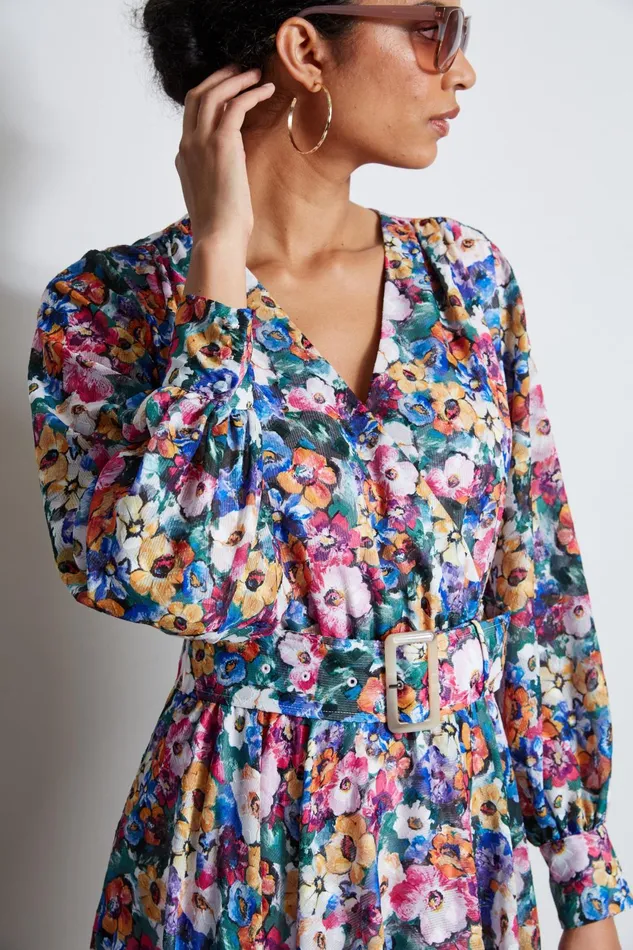 Outlet 8211 Women Dresses and Jumpsuits Elie Tahari Long Sleeve Floral Belted Dress Camellia Floral