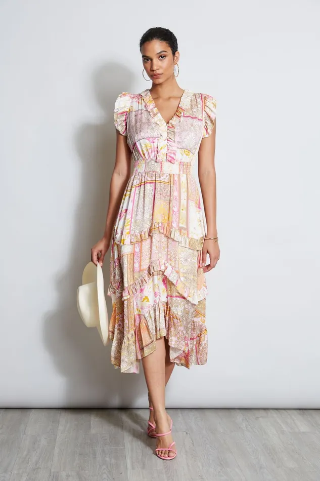 Outlet 8211 Women Dresses and Jumpsuits Elie Tahari Patchwork Print Midi Dress Aurora Print