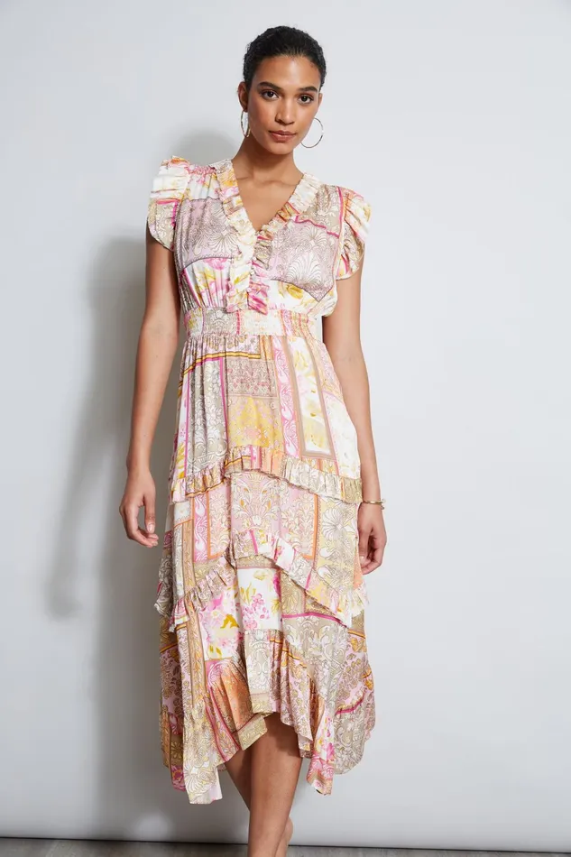 Outlet 8211 Women Dresses and Jumpsuits Elie Tahari Patchwork Print Midi Dress Aurora Print