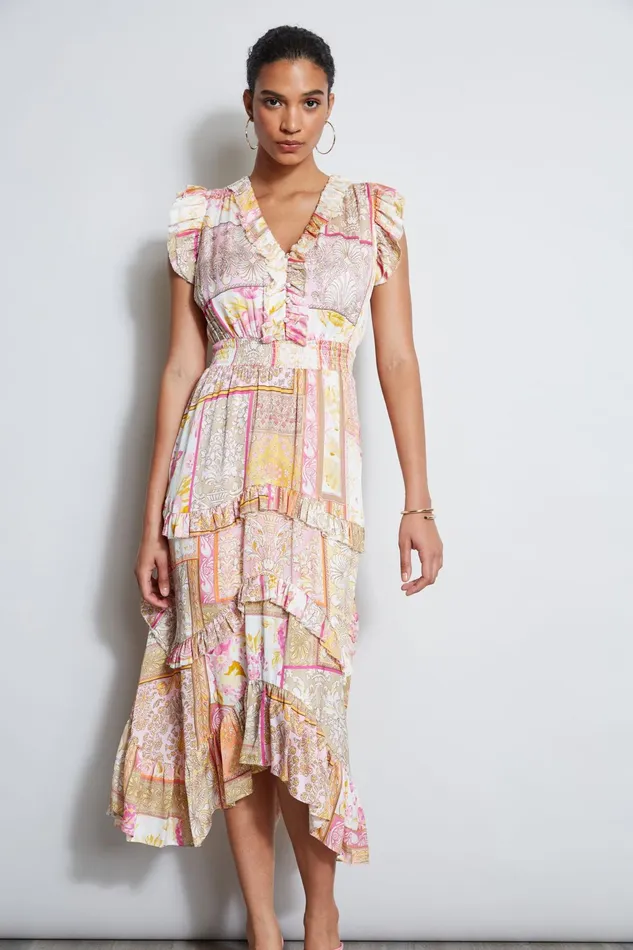 Outlet 8211 Women Dresses and Jumpsuits Elie Tahari Patchwork Print Midi Dress Aurora Print