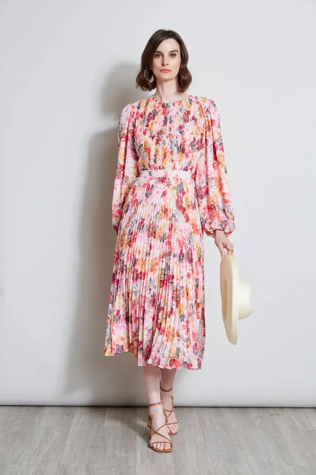 Outlet 8211 Women Dresses and Jumpsuits Elie Tahari Pleated Floral Midi Dress Wonderland Print