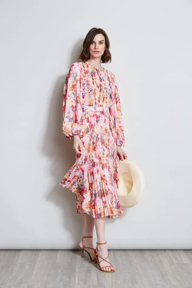 Outlet 8211 Women Dresses and Jumpsuits Elie Tahari Pleated Floral Midi Dress Wonderland Print