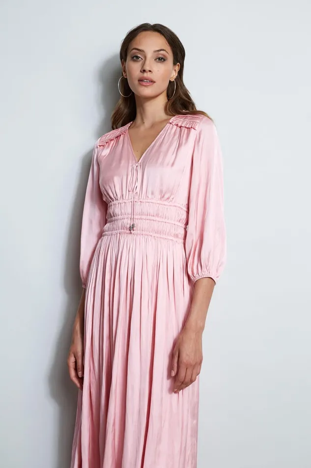 Outlet 8211 Women Dresses and Jumpsuits Elie Tahari Satin Smocked Pleat Dress Soho Pink