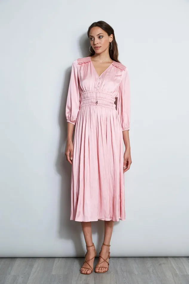 Outlet 8211 Women Dresses and Jumpsuits Elie Tahari Satin Smocked Pleat Dress Soho Pink