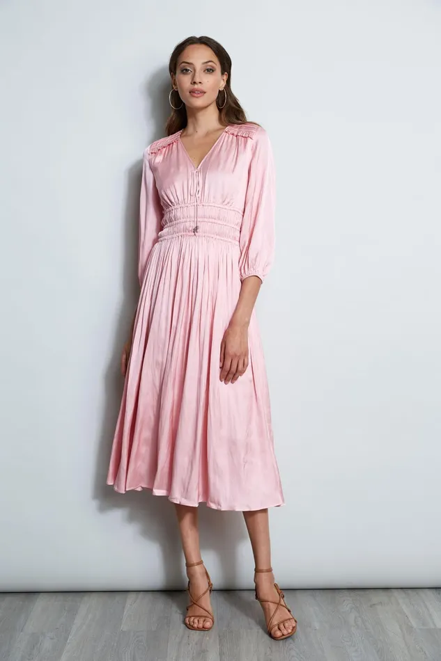 Outlet 8211 Women Dresses and Jumpsuits Elie Tahari Satin Smocked Pleat Dress Soho Pink