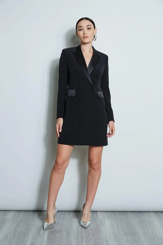 Outlet 8211 Women Dresses and Jumpsuits Elie Tahari Satin Tuxedo Coat Dress Black