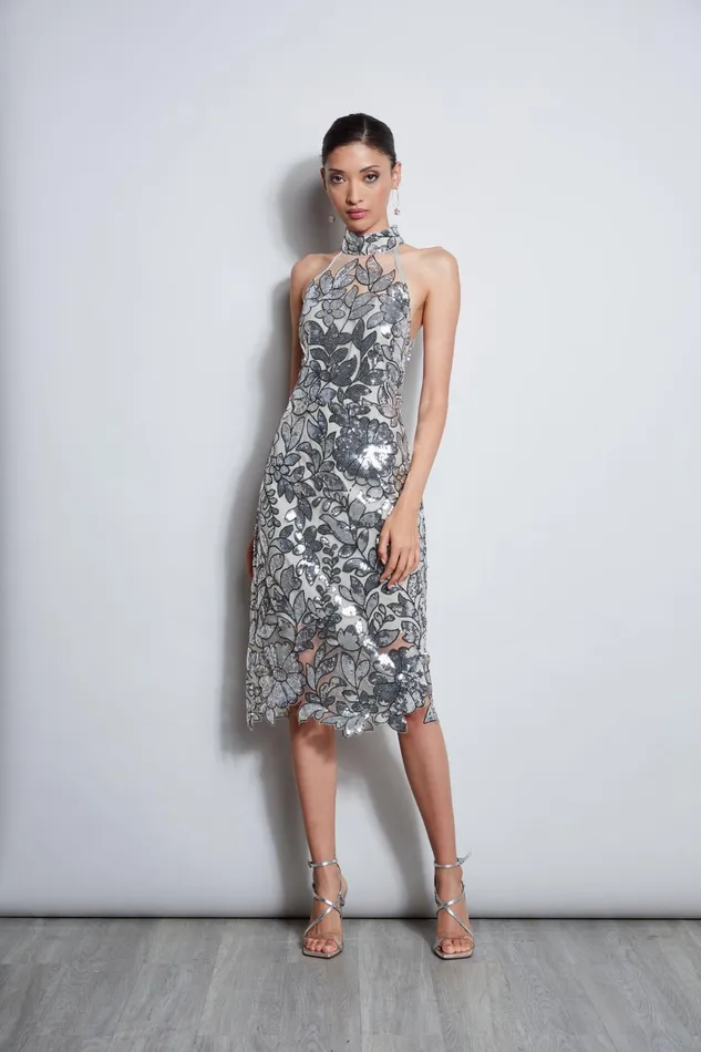Outlet 8211 Women Dresses and Jumpsuits Elie Tahari Sequin Floral Halter Dress Silver Multi