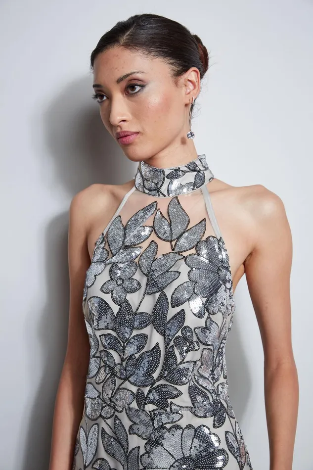 Outlet 8211 Women Dresses and Jumpsuits Elie Tahari Sequin Floral Halter Dress Silver Multi