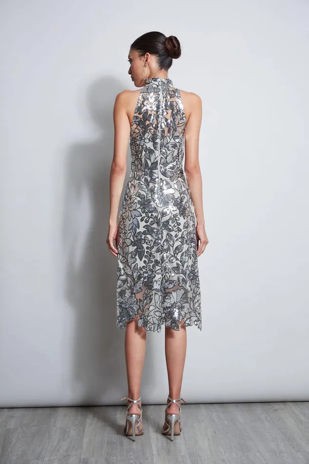 Outlet 8211 Women Dresses and Jumpsuits Elie Tahari Sequin Floral Halter Dress Silver Multi