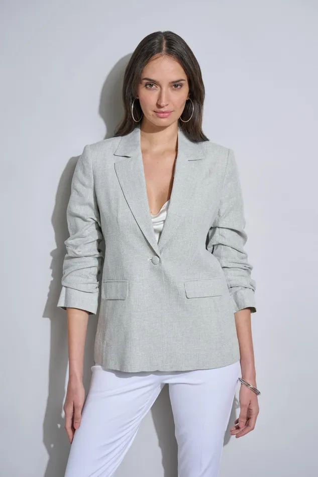 Outlet 8211 Women Jackets and Blazers Elie Tahari Plaid Ruched Sleeve Linen Blazer Neutral Combo