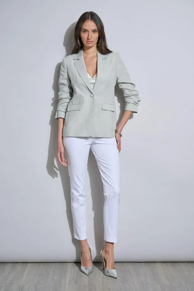 Outlet 8211 Women Jackets and Blazers Elie Tahari Plaid Ruched Sleeve Linen Blazer Neutral Combo