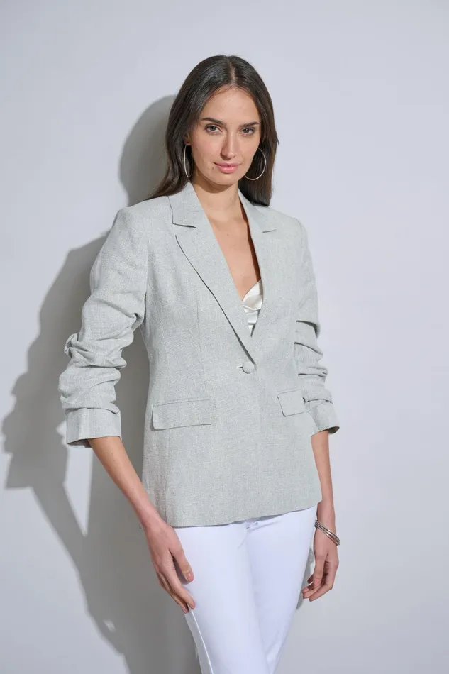 Outlet 8211 Women Jackets and Blazers Elie Tahari Plaid Ruched Sleeve Linen Blazer Neutral Combo