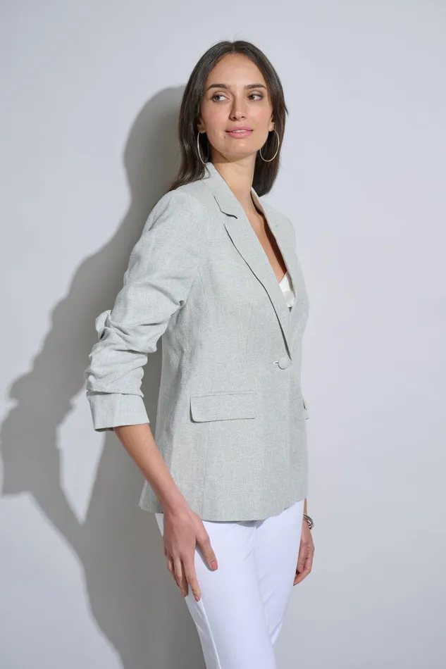 Outlet 8211 Women Jackets and Blazers Elie Tahari Plaid Ruched Sleeve Linen Blazer Neutral Combo