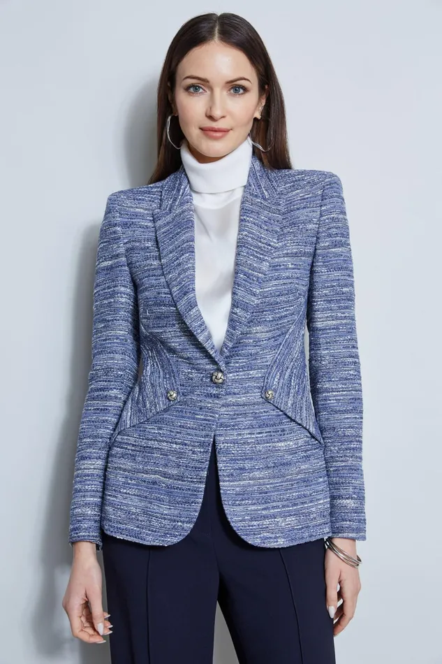 Outlet 8211 Women Jackets and Blazers Elie Tahari Tweed Panel Single Button Blazer Blue Multi