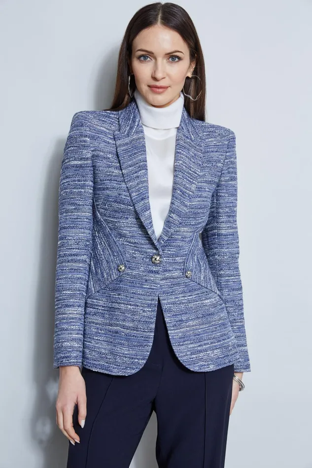 Outlet 8211 Women Jackets and Blazers Elie Tahari Tweed Panel Single Button Blazer Blue Multi