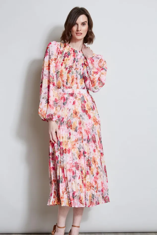 Outlet 8211 Women Long Sleeve Dresses Elie Tahari Pleated Floral Midi Dress Wonderland Print
