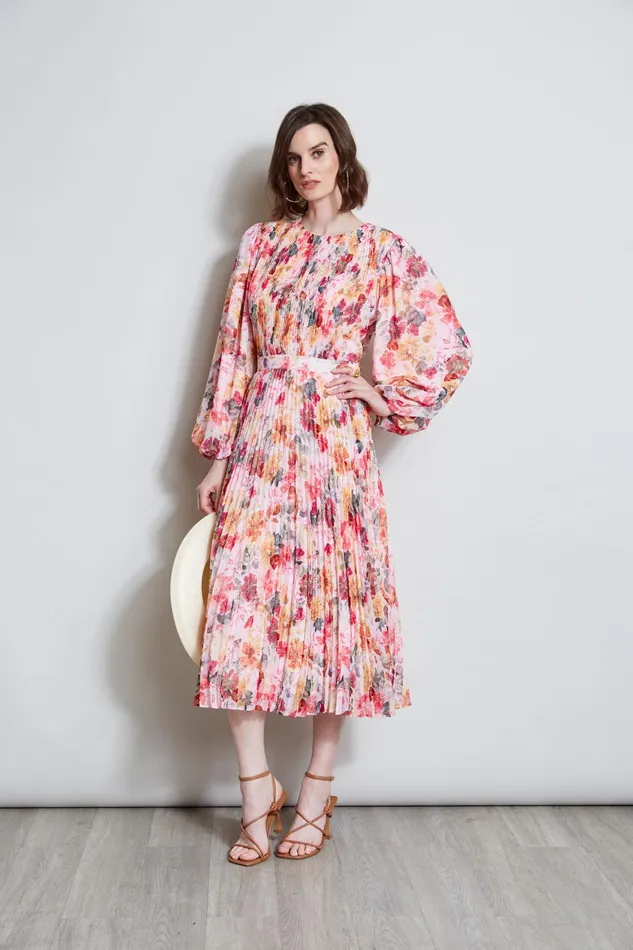 Outlet 8211 Women Long Sleeve Dresses Elie Tahari Pleated Floral Midi Dress Wonderland Print