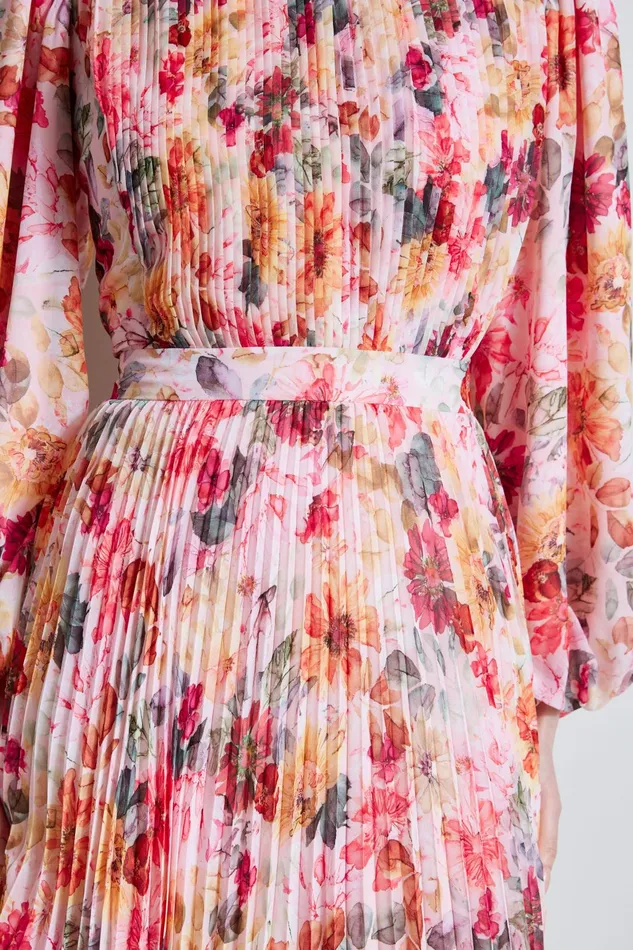 Outlet 8211 Women Long Sleeve Dresses Elie Tahari Pleated Floral Midi Dress Wonderland Print