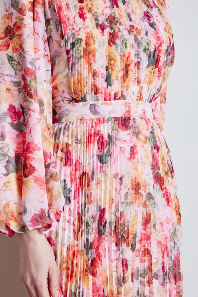 Outlet 8211 Women Long Sleeve Dresses Elie Tahari Pleated Floral Midi Dress Wonderland Print
